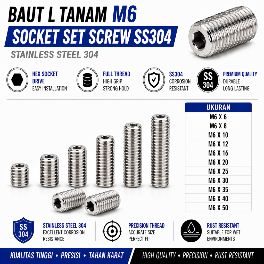 Baut L Tanam M6X35 / L Set 6X35 / Baut Tanam L M6 X 35 / L Set  6 X 35  - Socket Set Screw Stainless