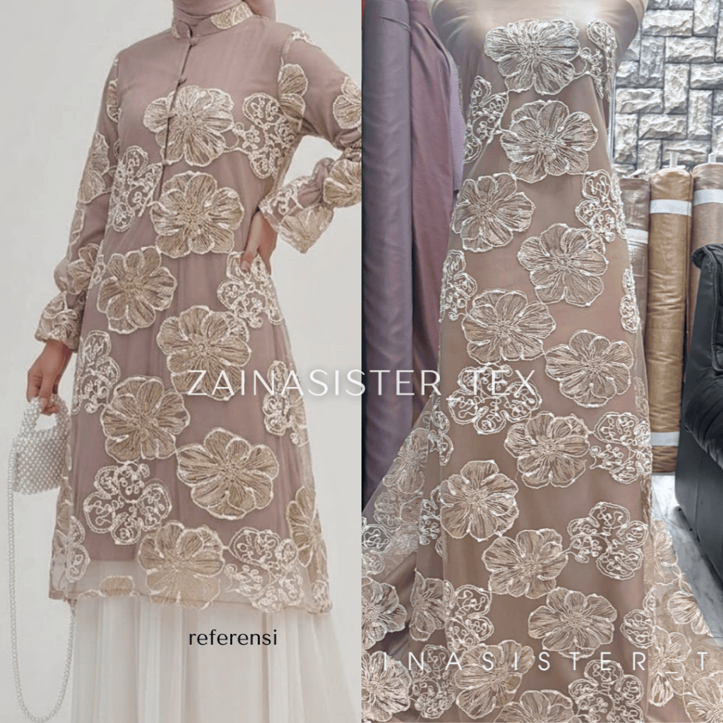 [BISA COD] Kain Brokat Tile Bordir Two Tone Magnolia Series Warna Nude Latte - Bahan Kebaya Lamaran 