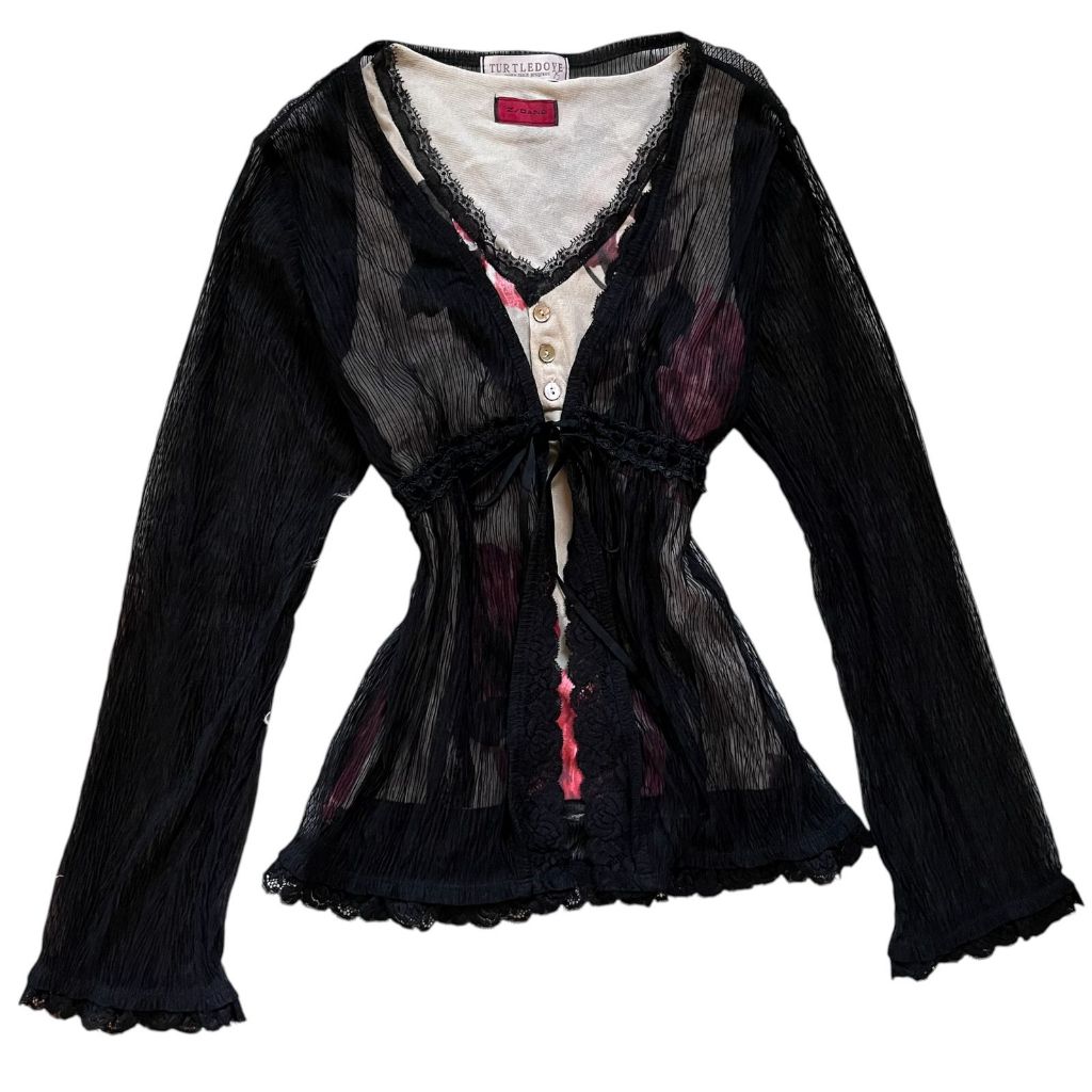 Lace Crinkle Front Ribbon Tie Longsleeves Fairycore Cardigan | pointelle kardigan outer outwear luar
