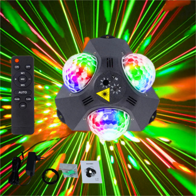 COD Lampu Disco 3 bola laser sensor suara musik sorot Panggung acara Sound Control 9W RGB Control