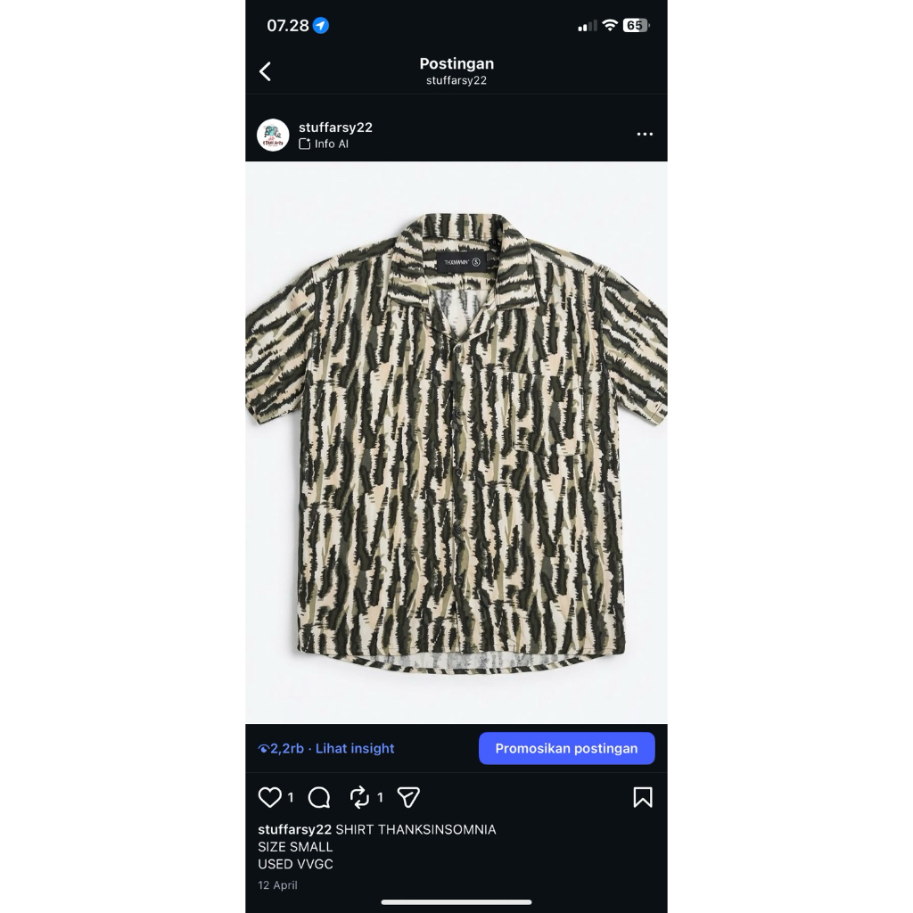 KEMEJA THANKSINSOMNIA SIZE SMALL