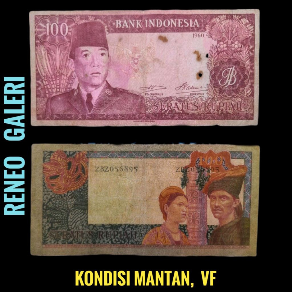 VF Rp 100 Rupiah seri Sukarno Tahun 1960 presiden Soekarno uang kertas kuno Indonesia duit lama asli