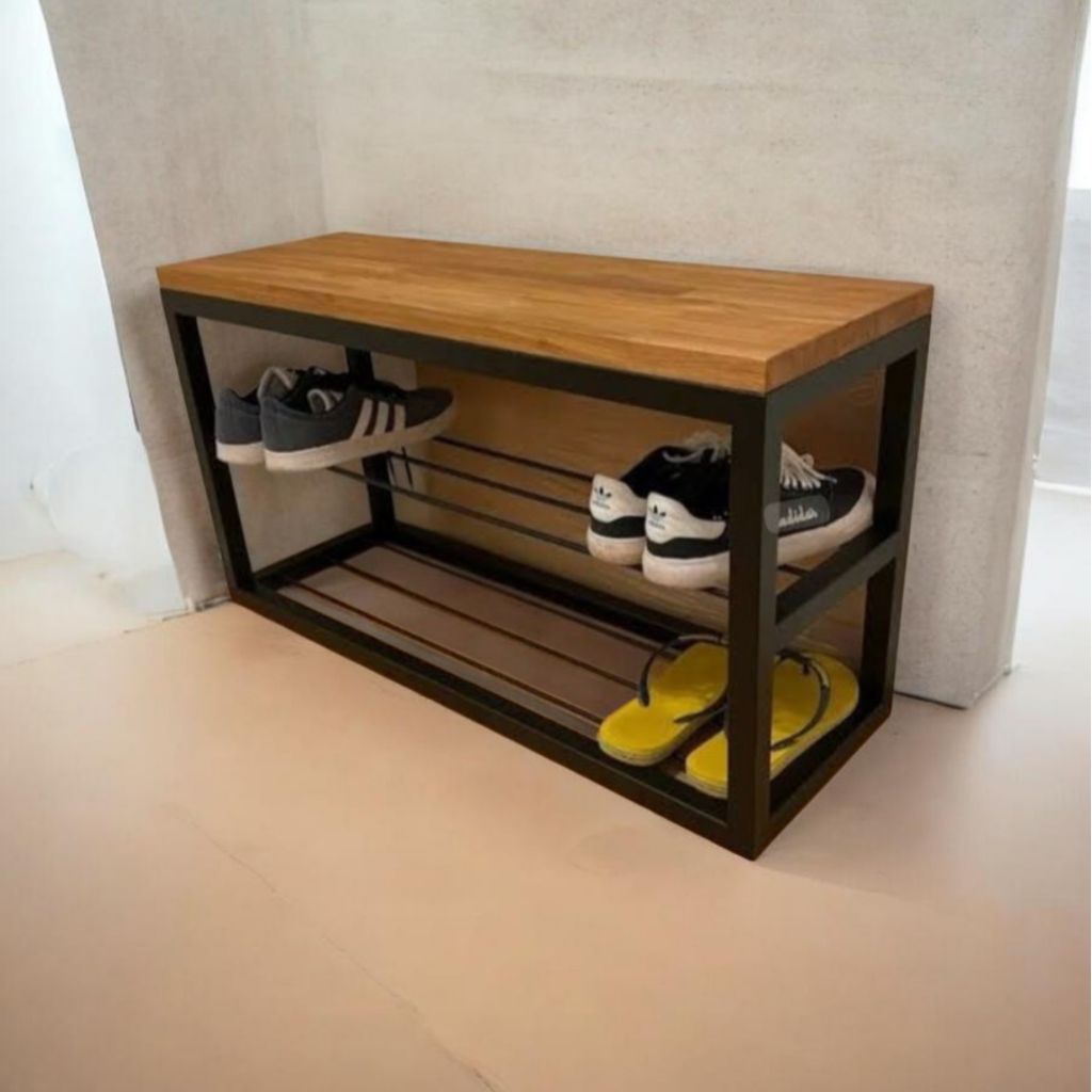 Rak sepatu besi kayu industrial