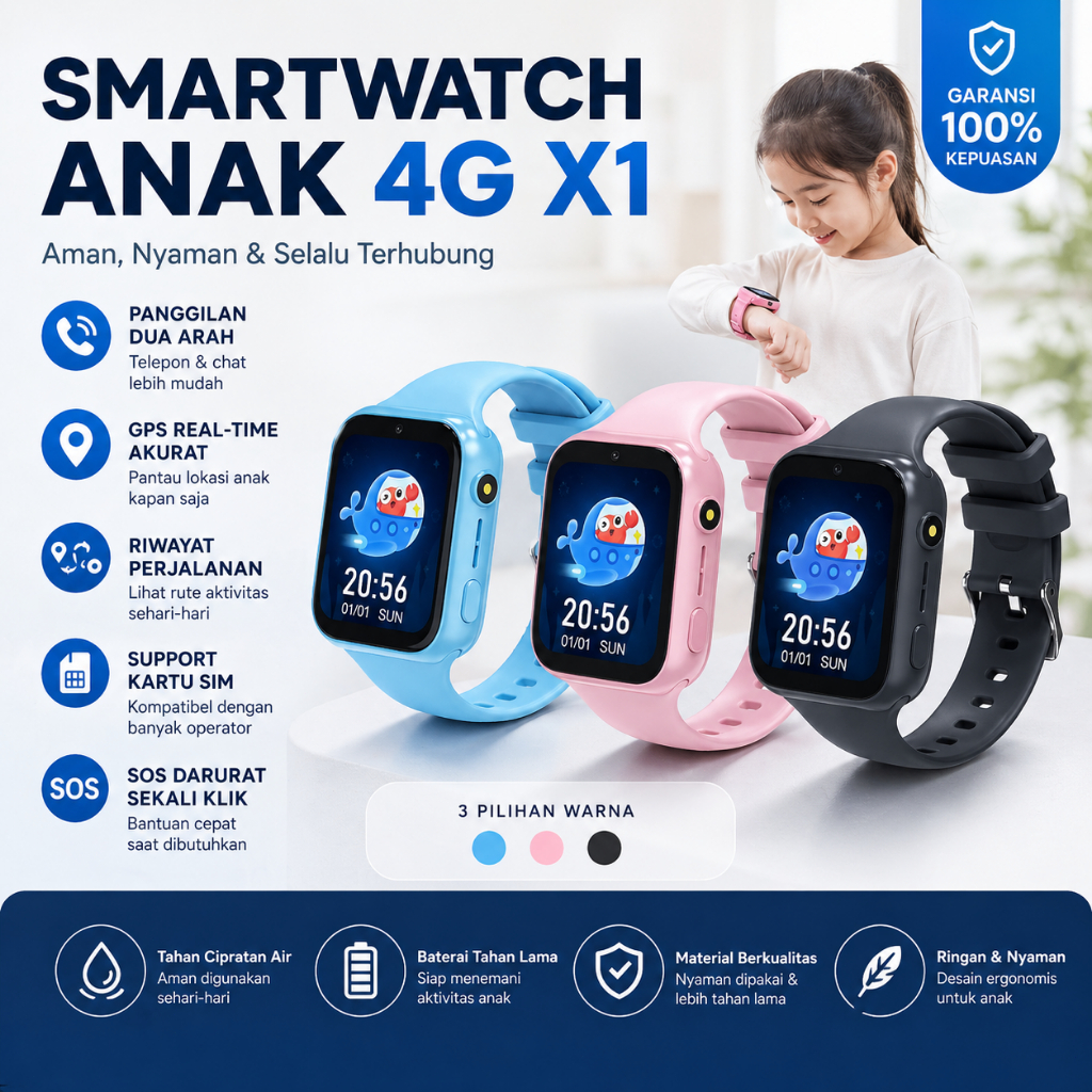 Anti Air Jam tangan anak X1- 4G Video call telepon - anak Gps Digital Smartwatch anak Waterproof Kid