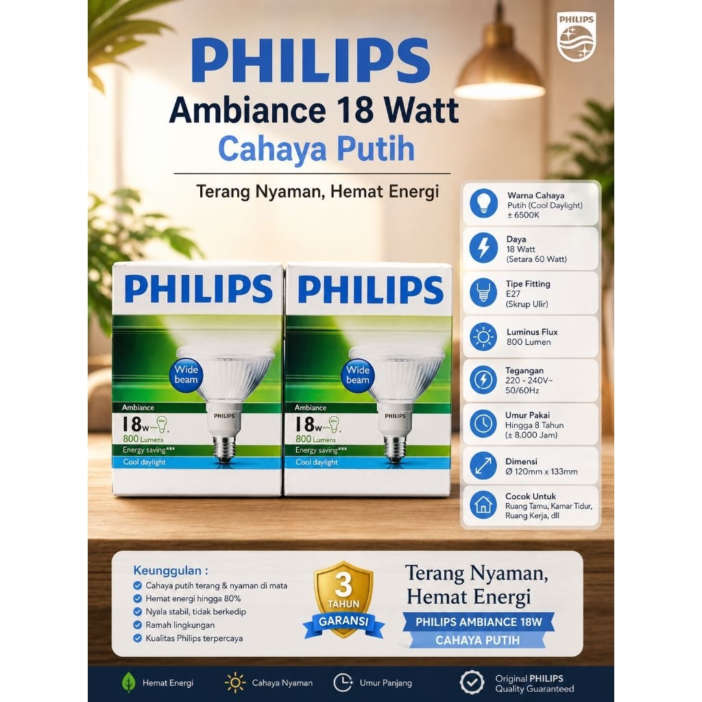Lampu Philips Ambince 18 Watt | Cahaya Putih CDL E27 [ 100% Original ]
