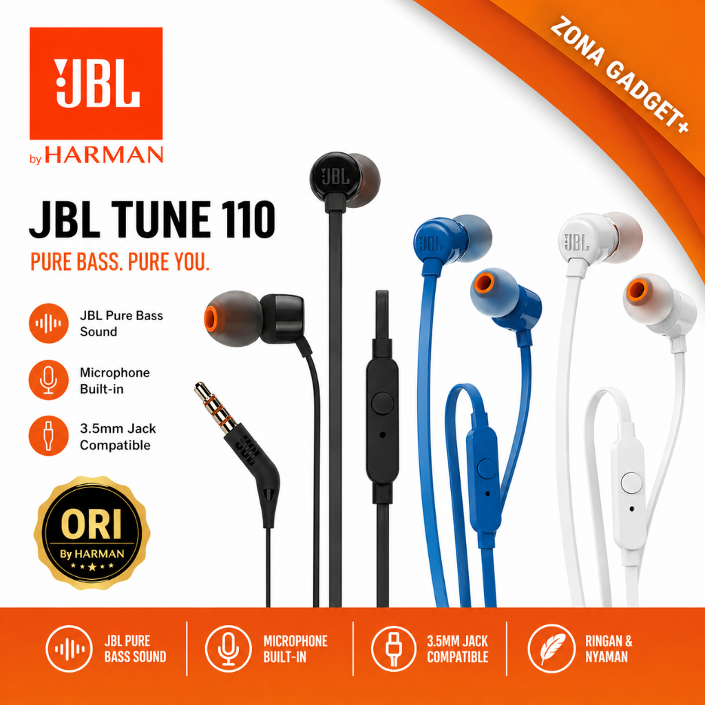 JBL Tune 110 Earphone Original by Harman Pure Bass Sound | Headset Kabel 3.5mm Mic