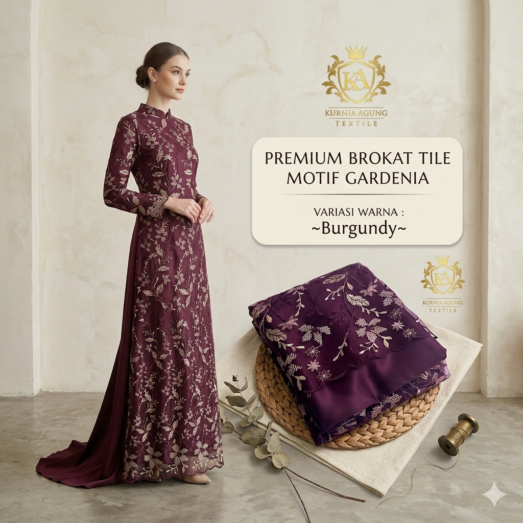 Premium Brokat Tile Gardenia Motif Timbul + Satin Velvet Warna BURGUNDY Bahan Kain Bridesmaid Metera