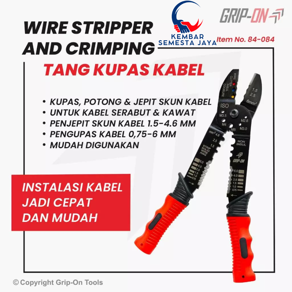 GRIP ON 84-084 Wire Stripper Crimping penjepit Skun kabel 1,5 - 4,6mm  / Pengupas kabel 0,75 - 6,0 m