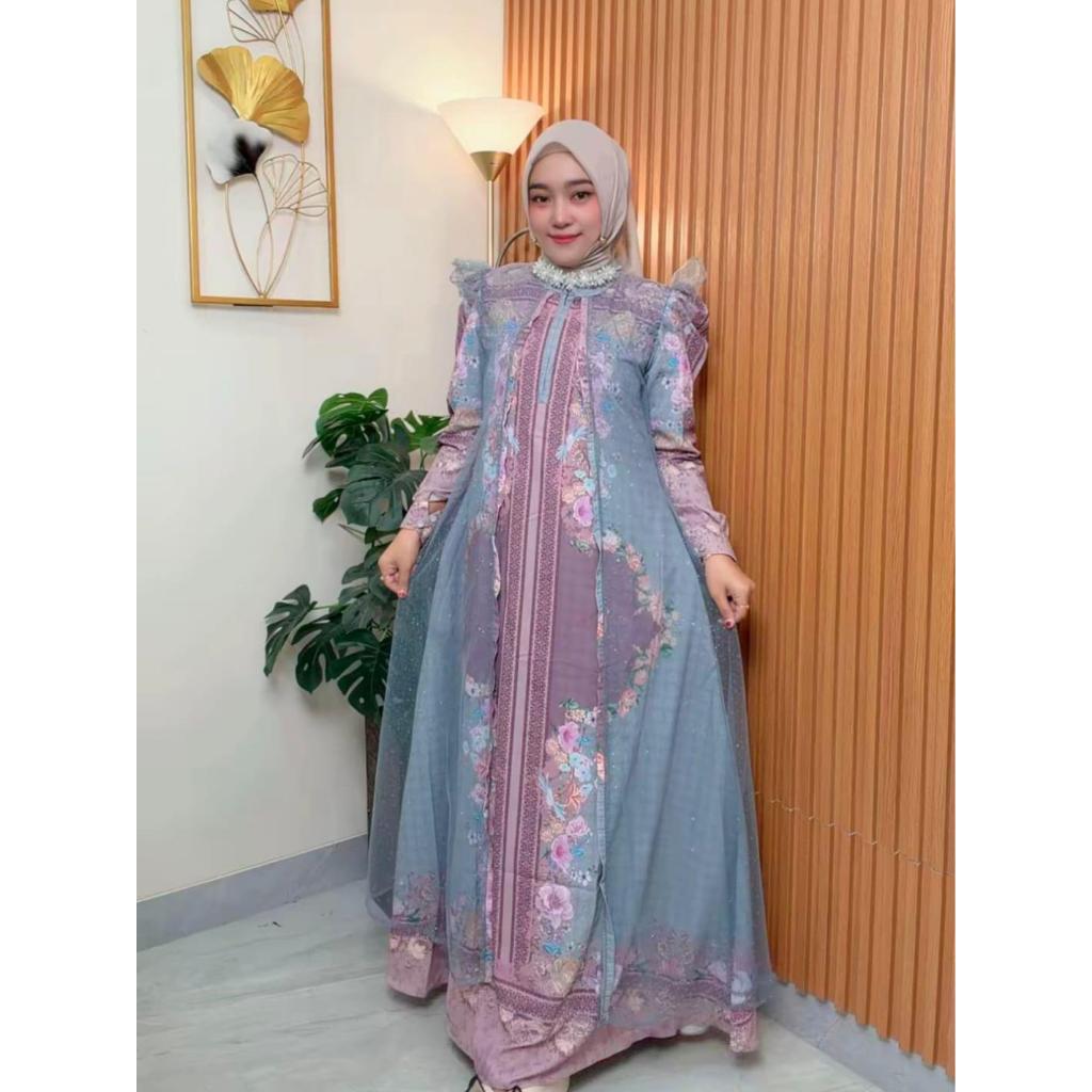 Gamis Saraswati Wanita Motif Etnik Premium Dress Muslimah Lengan Panjang Flowing Elegan Formal & Cas