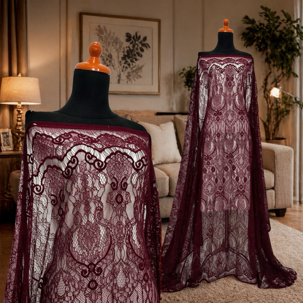 Kain Brokat Chantilly Lace Panel Warna Maroon chantily Marun