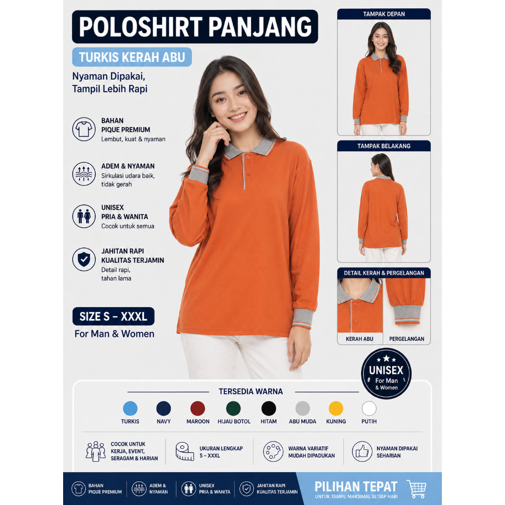 Kaos Polo Panjang Unisex Merah Bata Kerah Abu | Kaos Kerah Polos Lengan Panjang | Poloshirt Nyaman