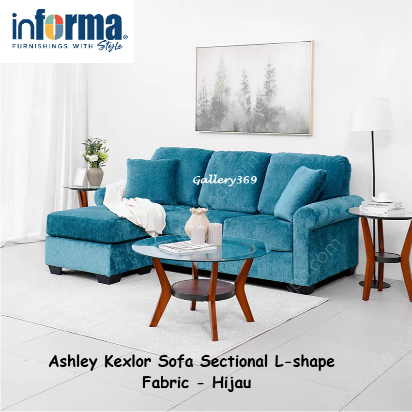 Sofa Ashley Kexlor Sectional L-Shape Kain Hijau Modern Desain Minimalis