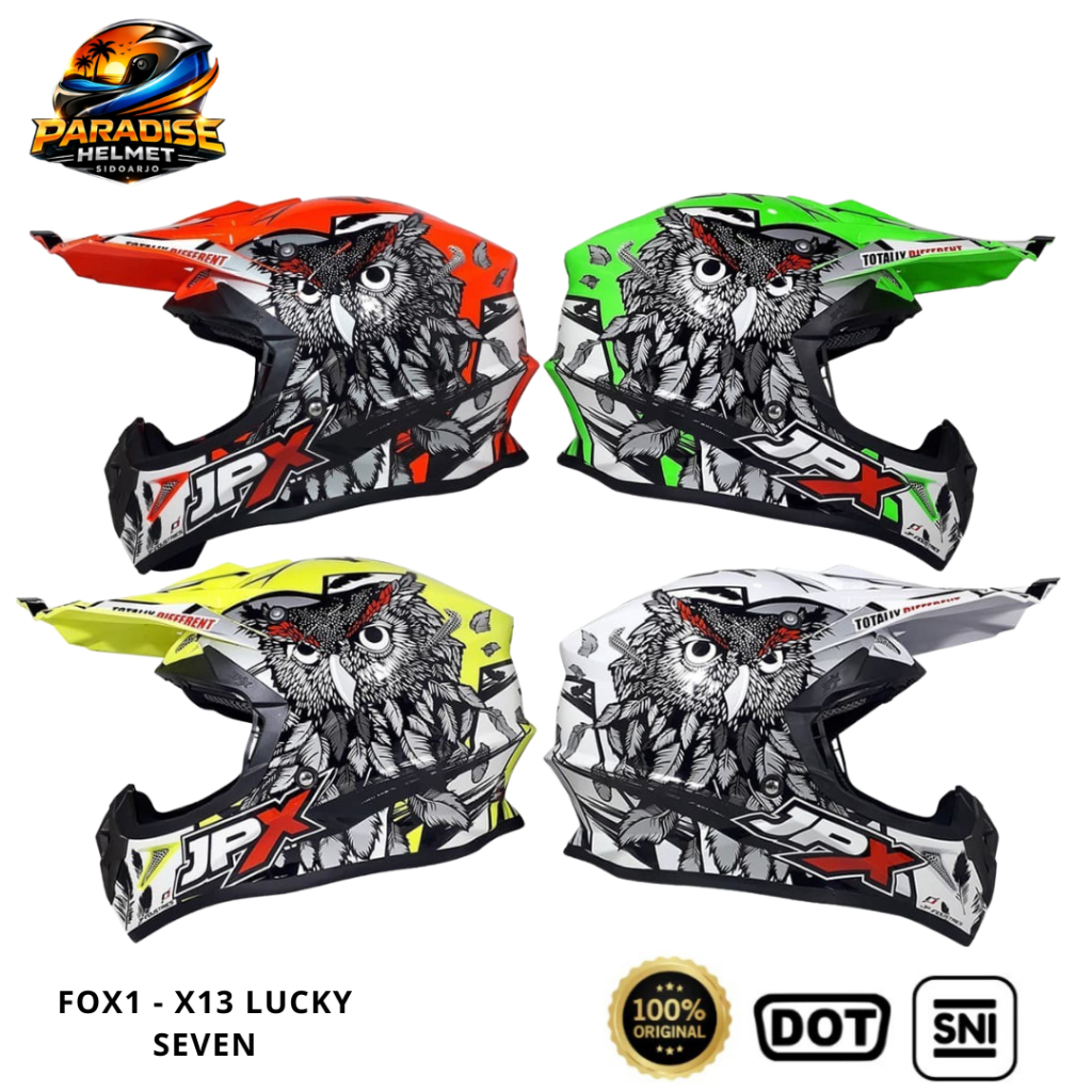 Helm Full Face Cross Pria Wanita Harian Motor Trail Tebal Nyaman SNI DOT JPX FOX1 - X13 Lucky Seven