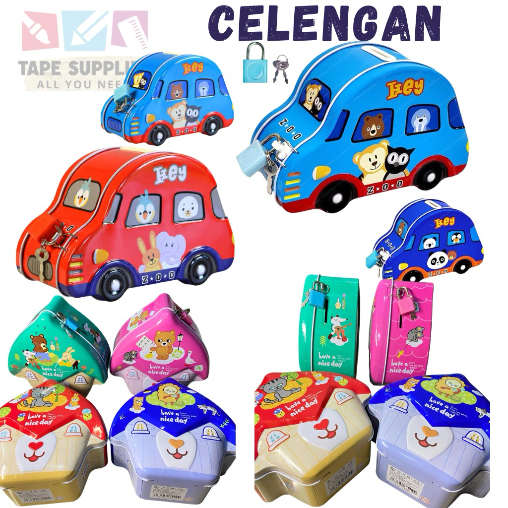 Celengan Anak Karakter Mobil Rumah dengan Kunci Celengan Kaleng Lucu Anak
