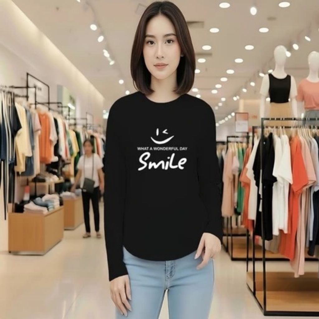 JF - KAOS OVAL LENGAN PANJANG MOTIF WHITE SMILE/ KAOS OBLONG OVAL LENGAN PANJANG/ KAOS OVAL WANITA K