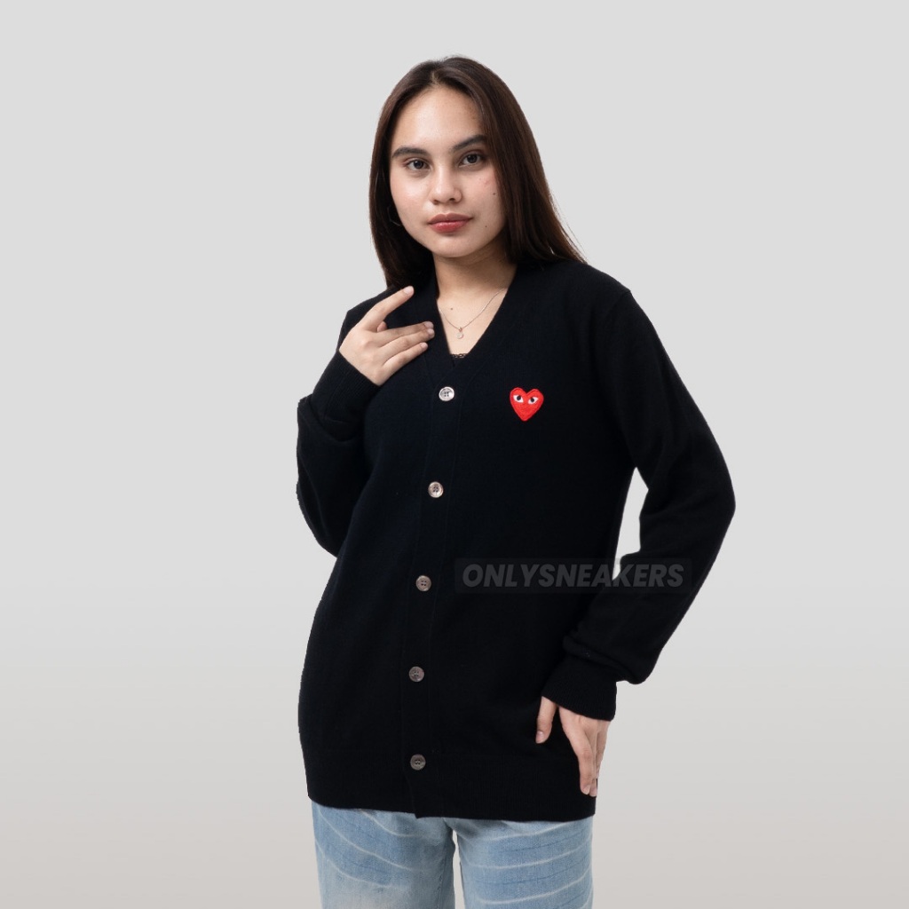CDG PLAY RED HEART KNIT CARDIGAN SWEATER BLACK