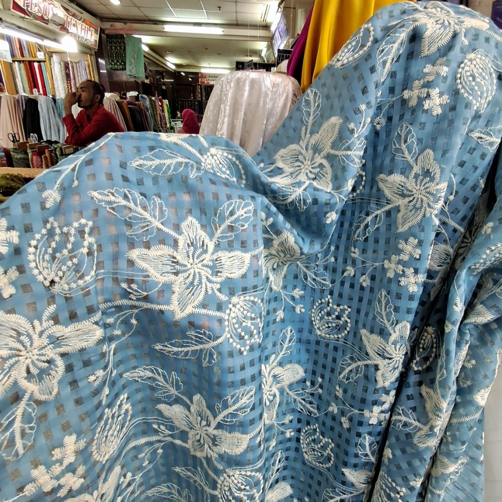 Kain Bahan Organza Jacquard Bordir Premium Motif Bunga Elegant Mewah