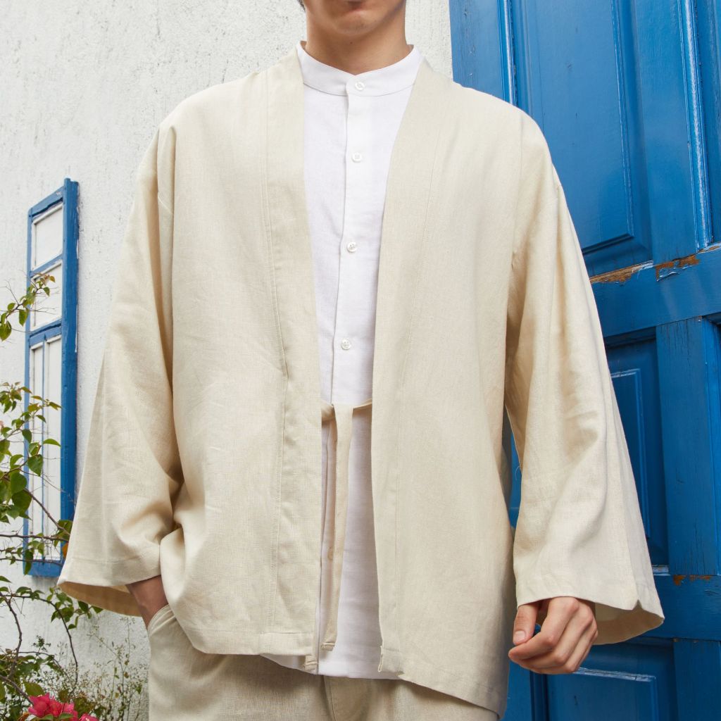 REMEDY Kimono Outer Linen Pria Lengan Panjang Casual Pilihan Warna Hitam Krem Navy - Takumi Linen Ou