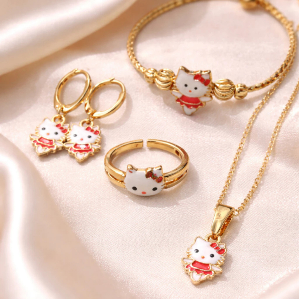 Perhiasan Anak Satu Set hello kitty cat Set Perhiasan Anak Titanium Set Kalung Cincin Anak