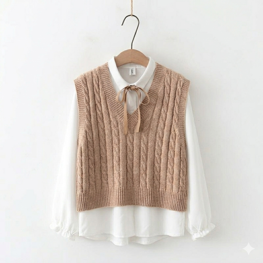 Vest Rajut Wanita Rompi Cable Knit V-Neck - Atasan Rompi Rajut Tebal Premium Korea Outerwear