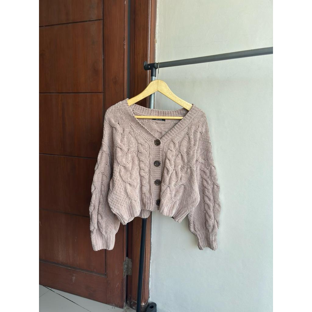 oneway cardigan velvet kepang crop balon - cardigan rajut kepang crop - velvet cardigan knit coklaf 