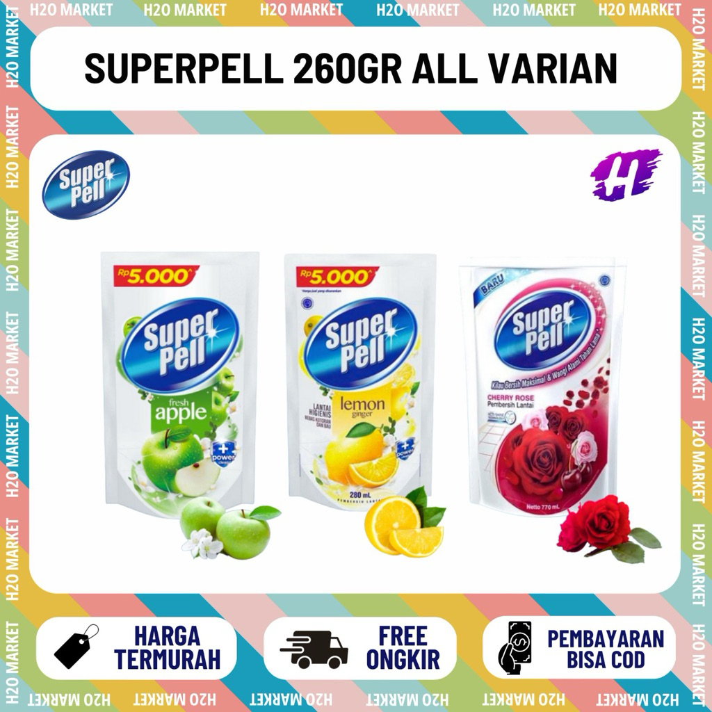 SUPERPELL PEMBERSIH LANTAI KEMASAN 5000 260 GRAM WANGI FRESH APPLE LEMON SUPER PELL SACHET 5000