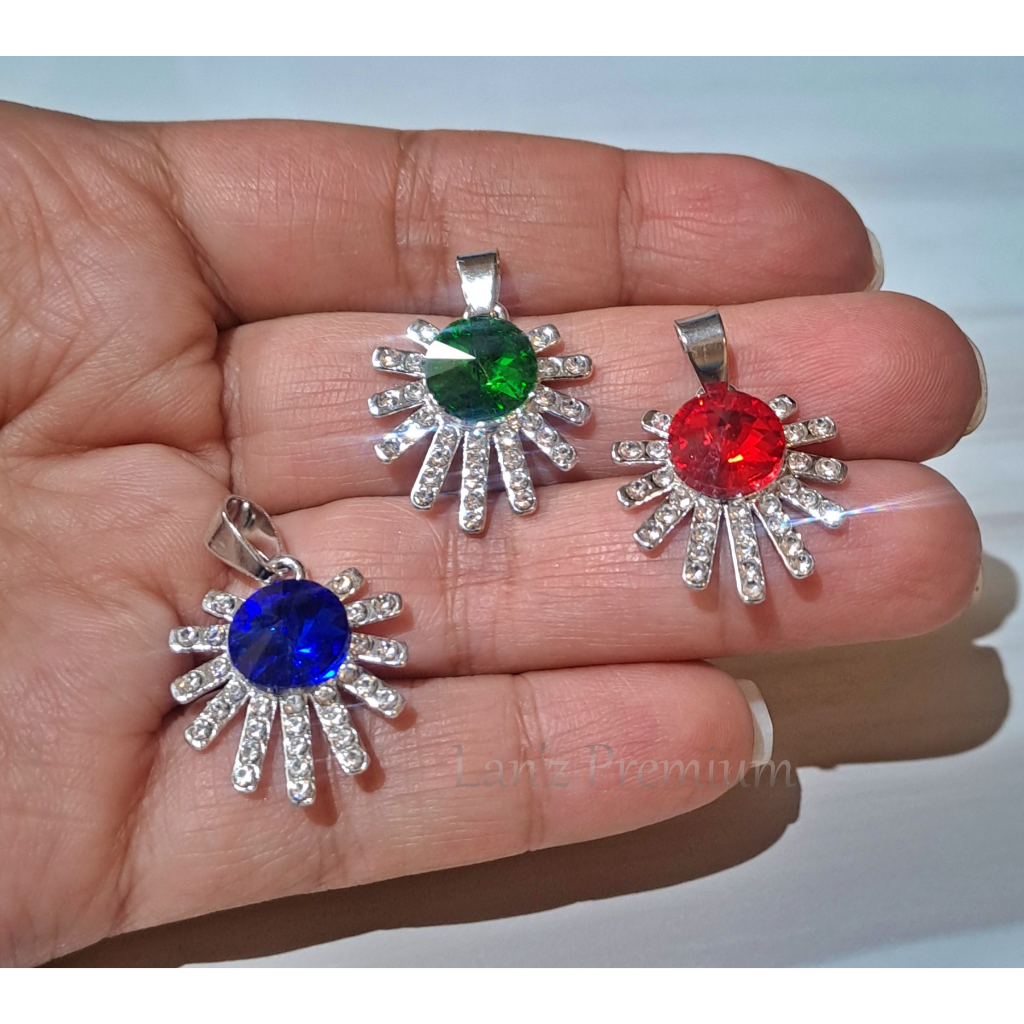Liontin Batu Perak Bunga Biru Hijau Merah Kristal Titanium Silver