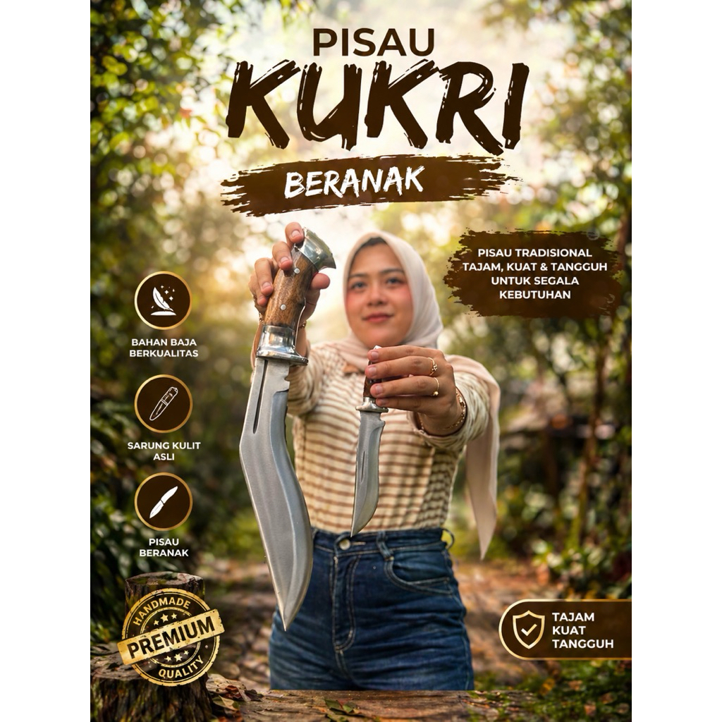 PISAU KUKRI BERANAK SURVIVAL MULTIFUNGSI // BAHAN BAJAPER PB 25cm SUDAH SATU SET DGN PISAU CILIKNYA 
