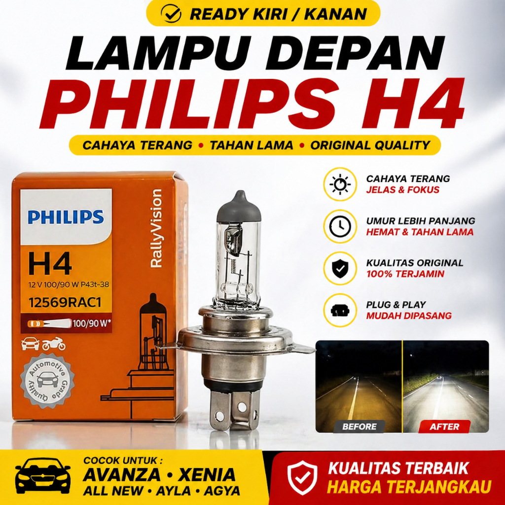Lampu Halogen Mobil PHILIPS H4 100W & H11 55W – Terang Maksimal, Ori Quality