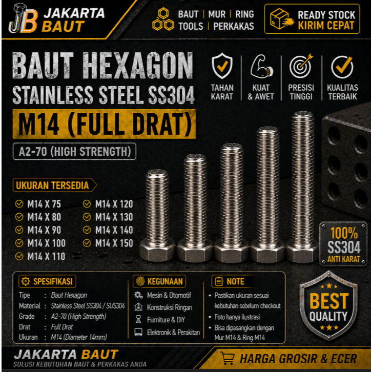 Baut Hex Stainless M14X110 - Baut Hexagon 14X110 / M14 X 110 / 14 X 110  SS304 / SUS304 / A2-70 Full
