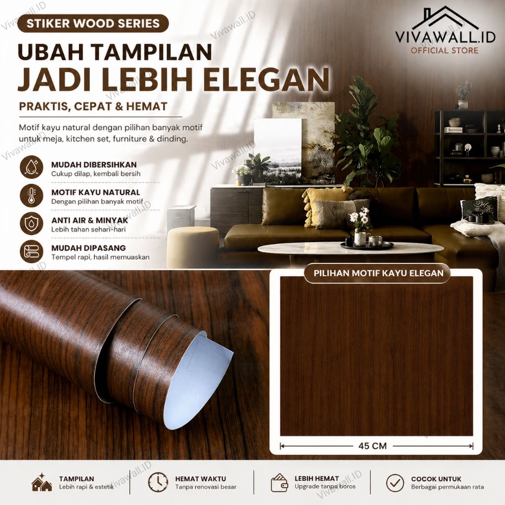 Wallpaper Stiker Serat Kayu Dinding Lemari Pintu Doff (Tidak Glossy) Kusen Meja Kursi Kerajinan Pela
