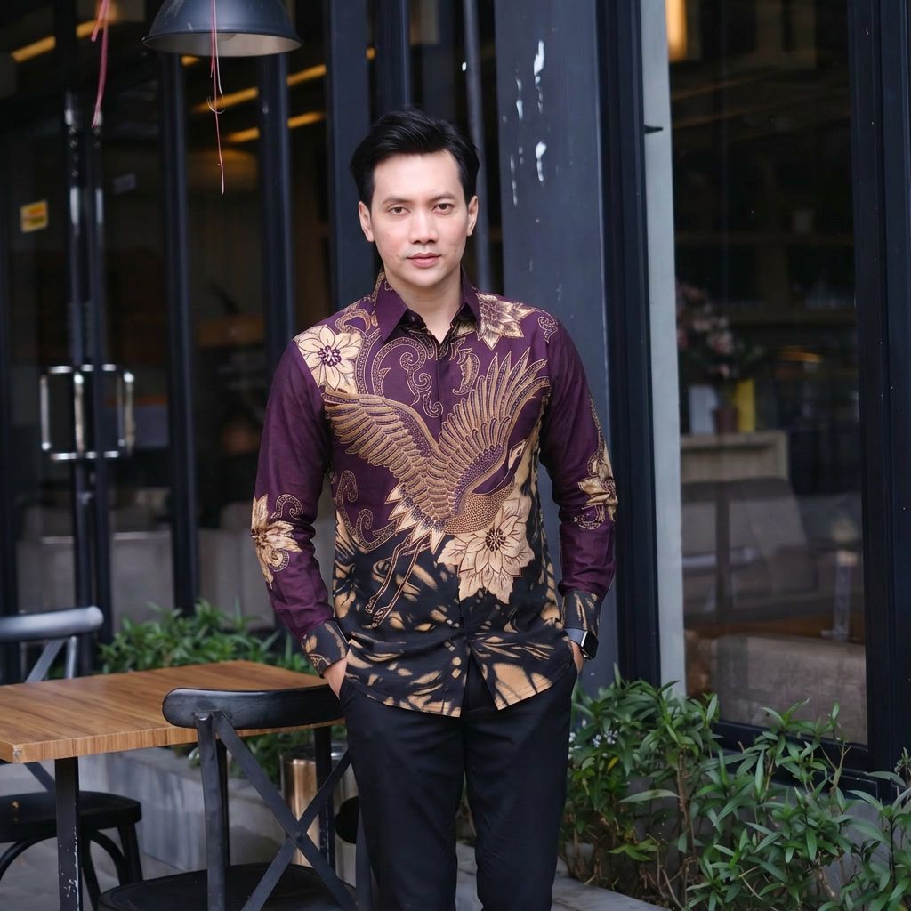 Warna Ungu Bergundi Kemeja Batik Pria Modern Original Slimfit Lengan Panjang Lapis Furing Motif Celo