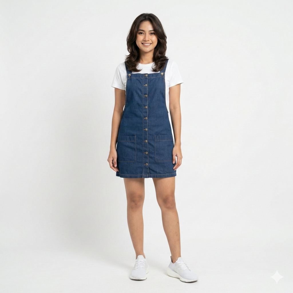 Lezahra Signature Mini Overall Denim Soft Jeans Variasi Kancing Depan Baju Monyet Rok Jeans Wanita C