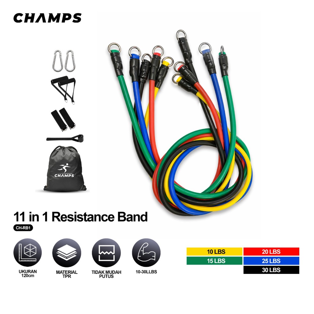CHAMPS Resistance Band Set 11 in 1 | Stretch Band Power Band Tali Fitness Gym Pull Rope Elastis Yoga