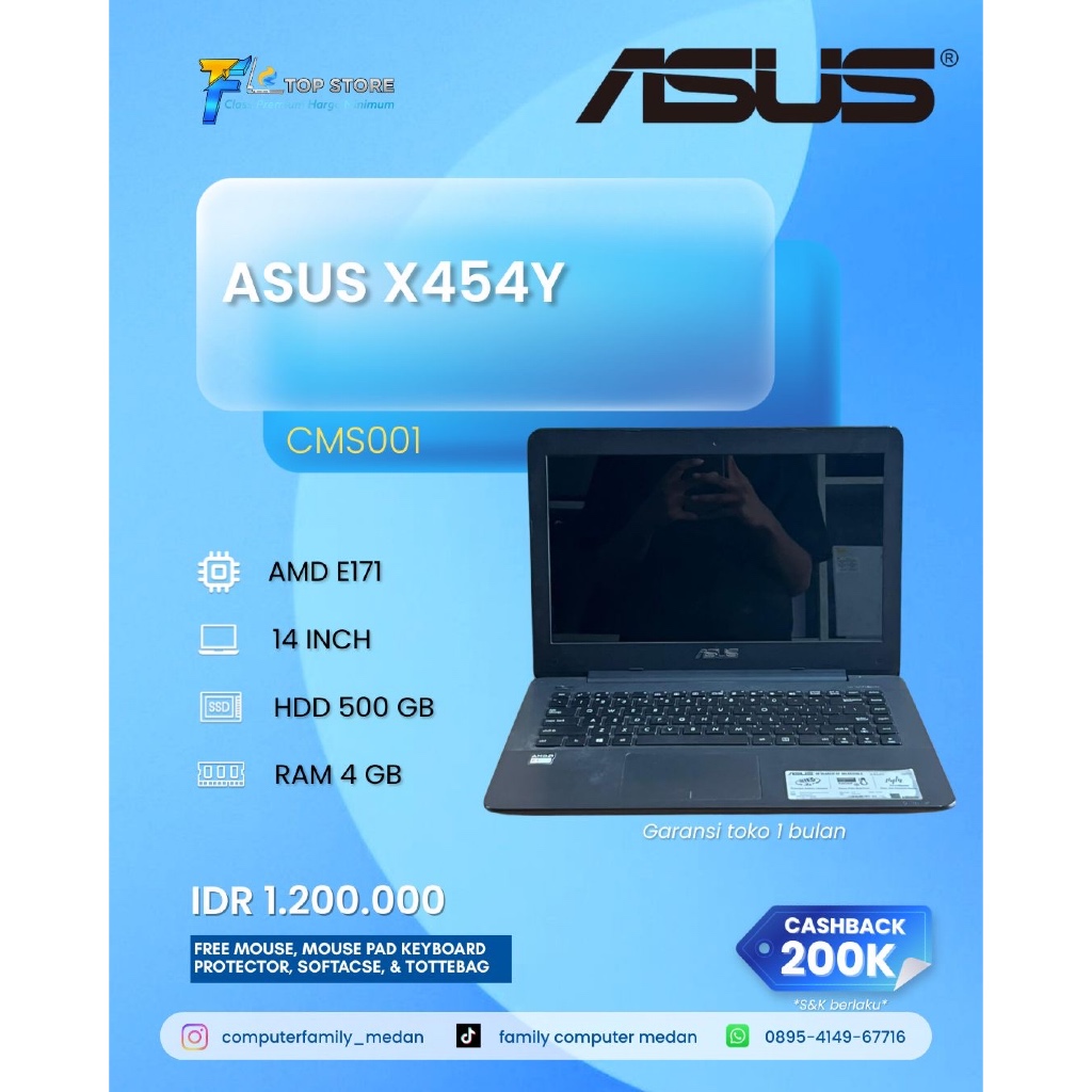 LAPTOP ASUS X454Y AMD E1 7010 RAM 4GB HDD 500GB