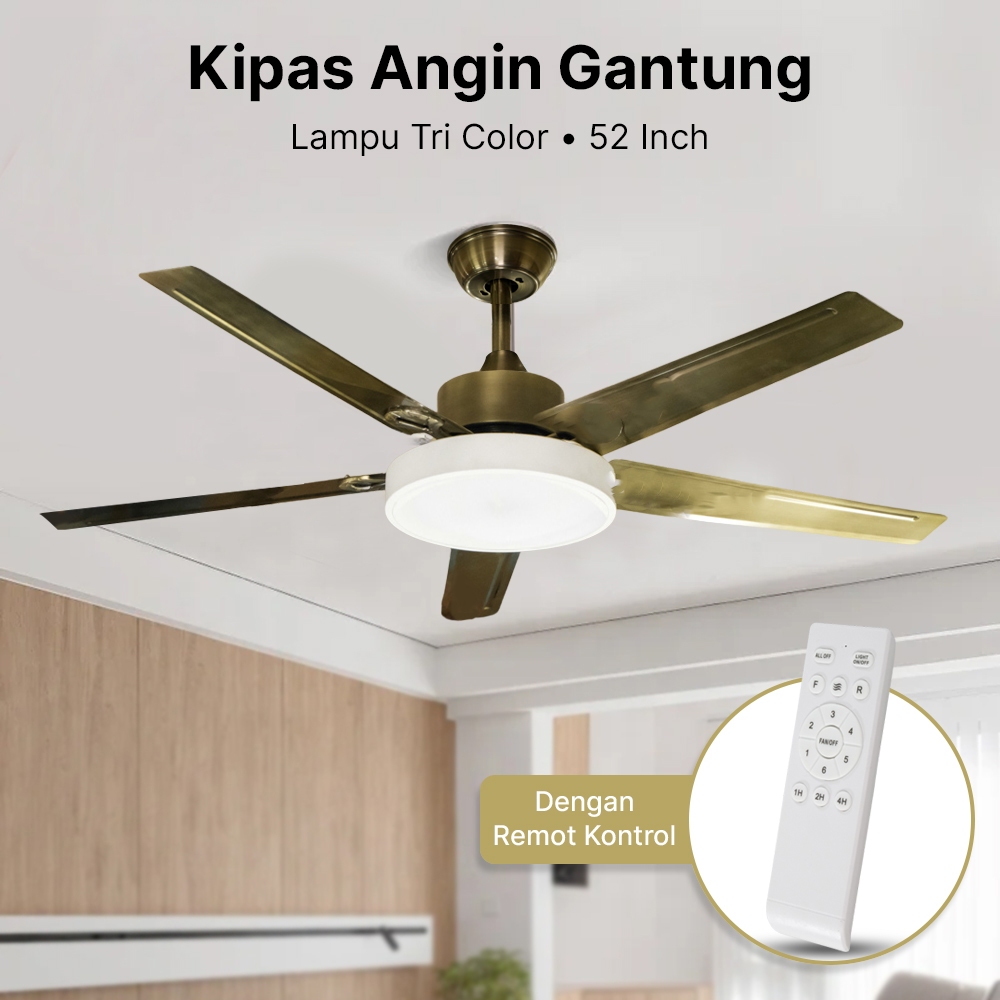 Lampu Kipas Angin Gantung Plafon 52 inch 3 Warna LED Dengan Remot Control - Copper