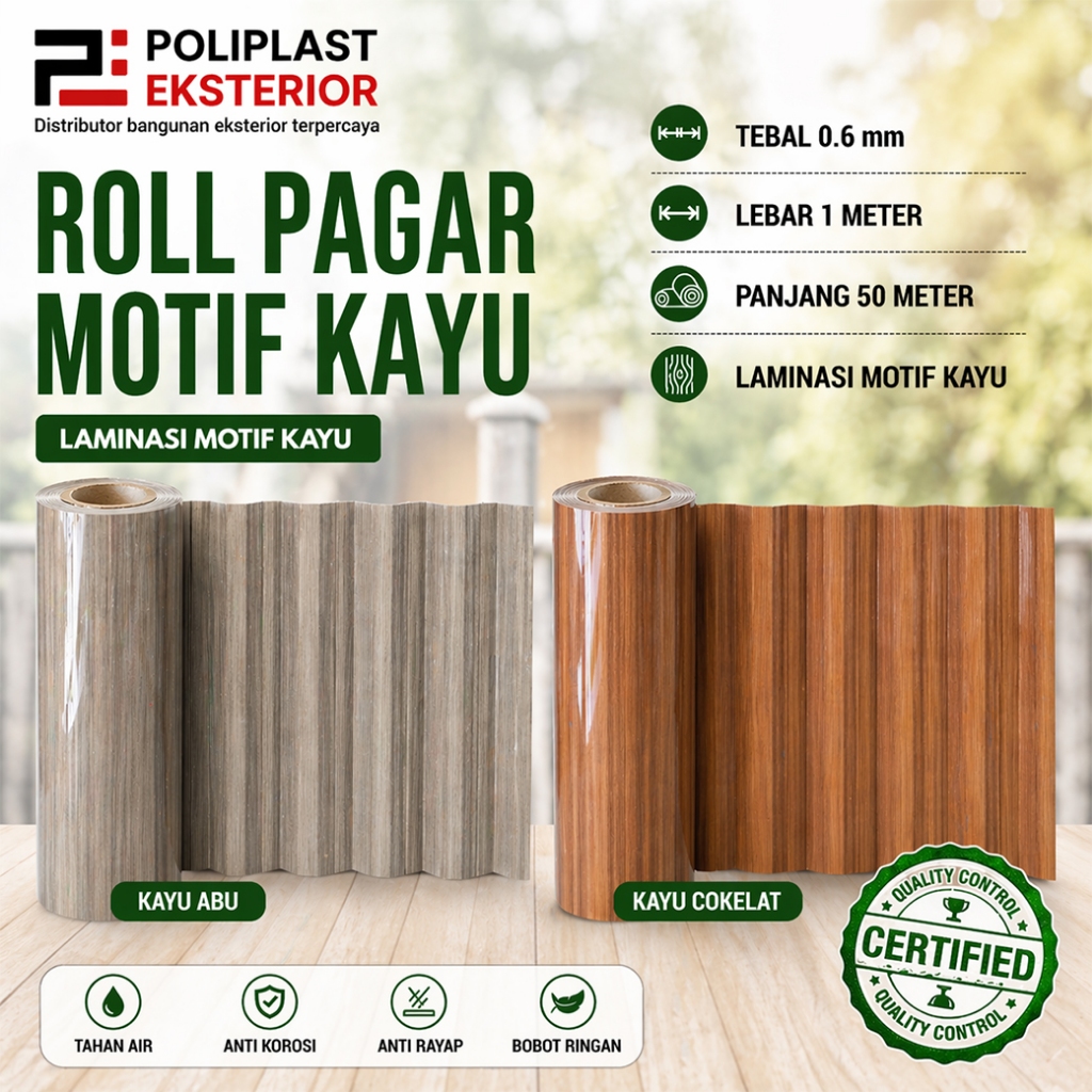 Penutup Pagar Rumah Fiber Gambar Motif Kayu Plastik Penutup Pagar tebal 0.6mm lebar 1 meter Fiber Pe