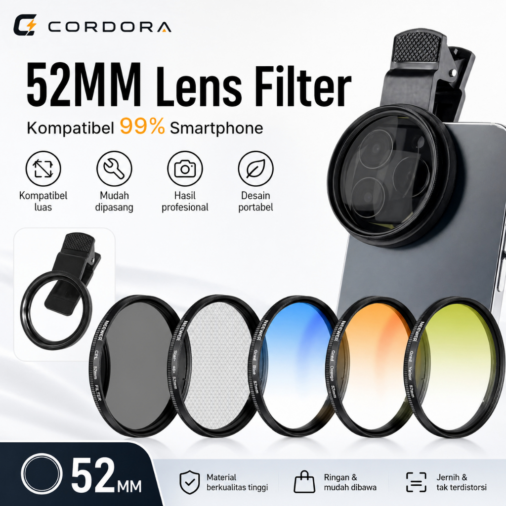Kit Lensa 52mm Ultra Tipis Filter Grad Blue Orange, CPL, ND 2-400 & Star Filter untuk Kamera HP