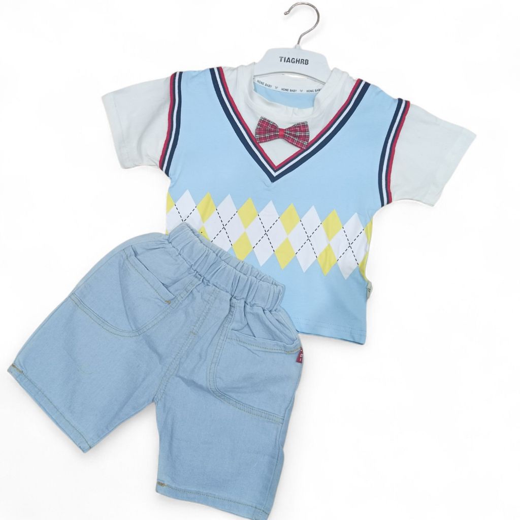 TIACHRO BAJU SETELAN ANAK COWOK MODEL VEST MENYATU DAN CELANA PENDEK DENIM usia 3-7 tahun dengan Des