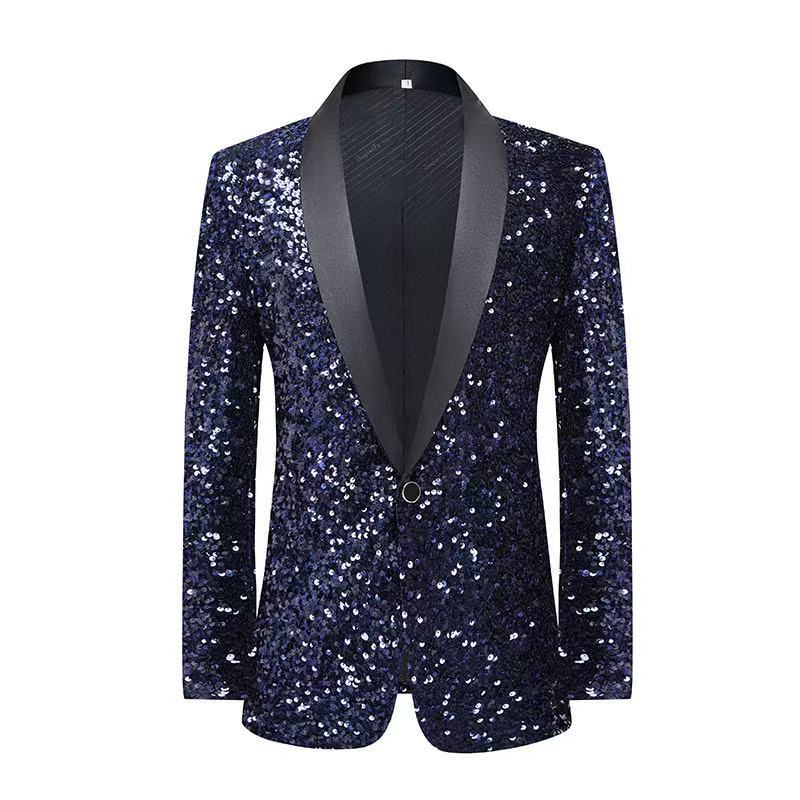Men's formal attire with sequins, color changing glitter, bar DJ, nightclub stage performance, suit 