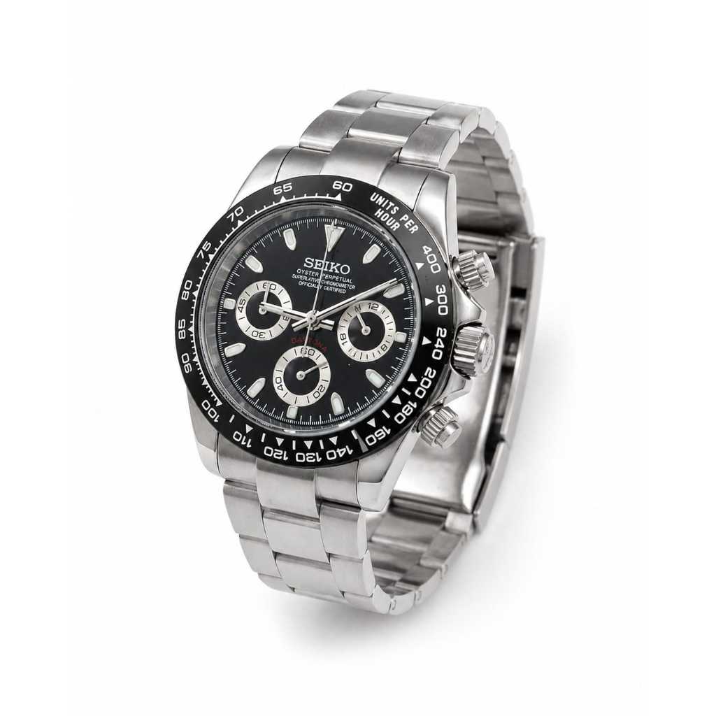 Jam Tangan Pria Seiko Style Chronograph Daytona Stainless Steel Silver Dial Hitam