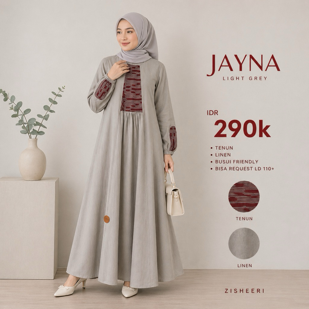 Zisheeri Jayna Dress Light Grey Gamis Wanita Katun Tenun Fashion Muslim