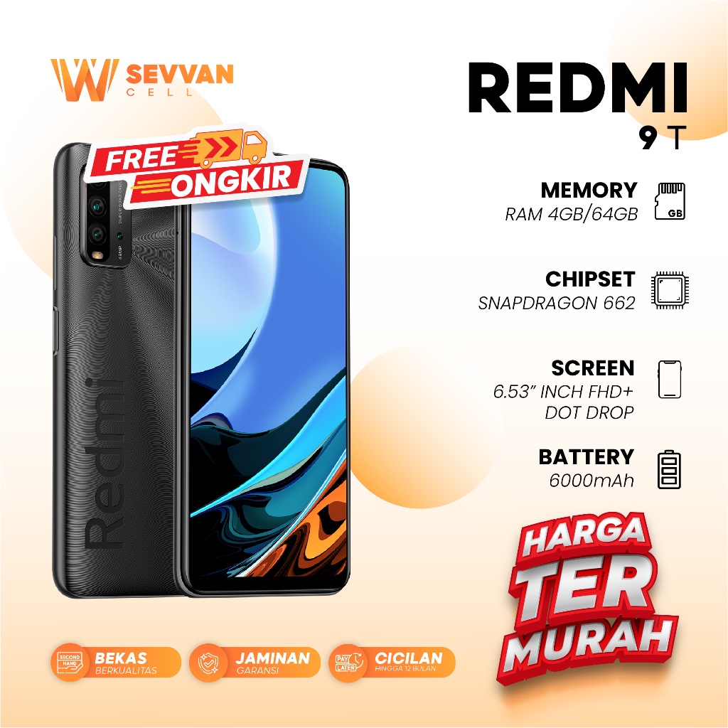 Handphone Xiaomi Redmi 9T Ram 4 64 GB (Batangan, Tanpa Charger)