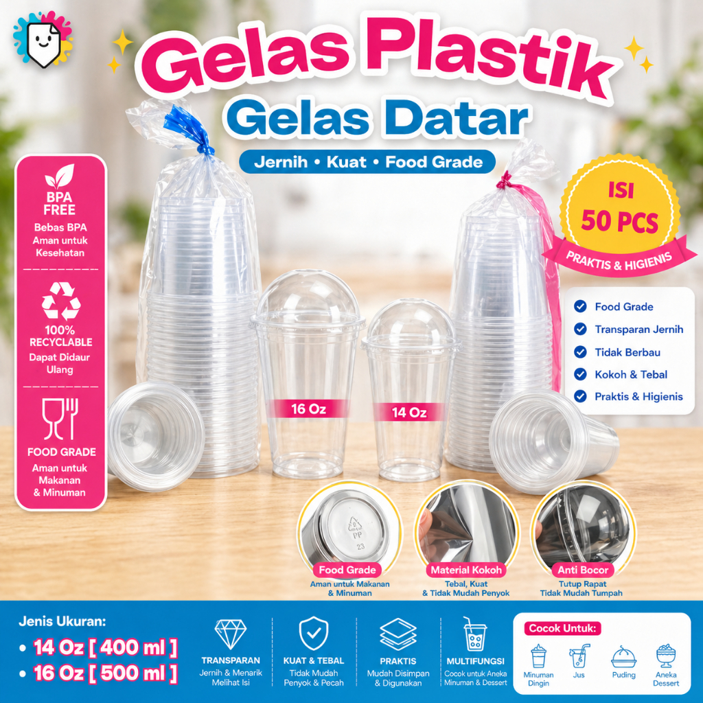 [isi 50 PCS] Gelas Plastik Datar+ Tutup Gelas 14oz 16oz / Gelas Plastik Cup / Gelas Plastik Bening /