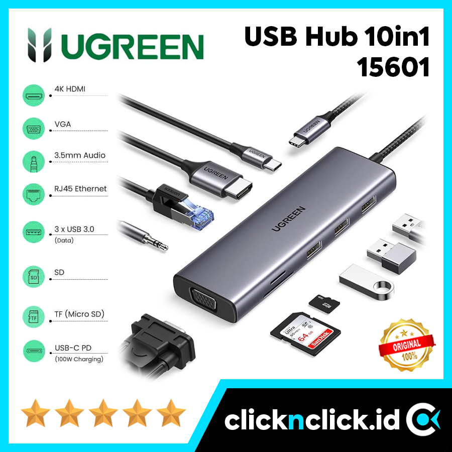 UGREEN 15601 - USB Hub 10in1 Type C to 3x Port USB3.0 HDMI VGA LAN TF SD Card 3.5mm Audio Jack AUX M