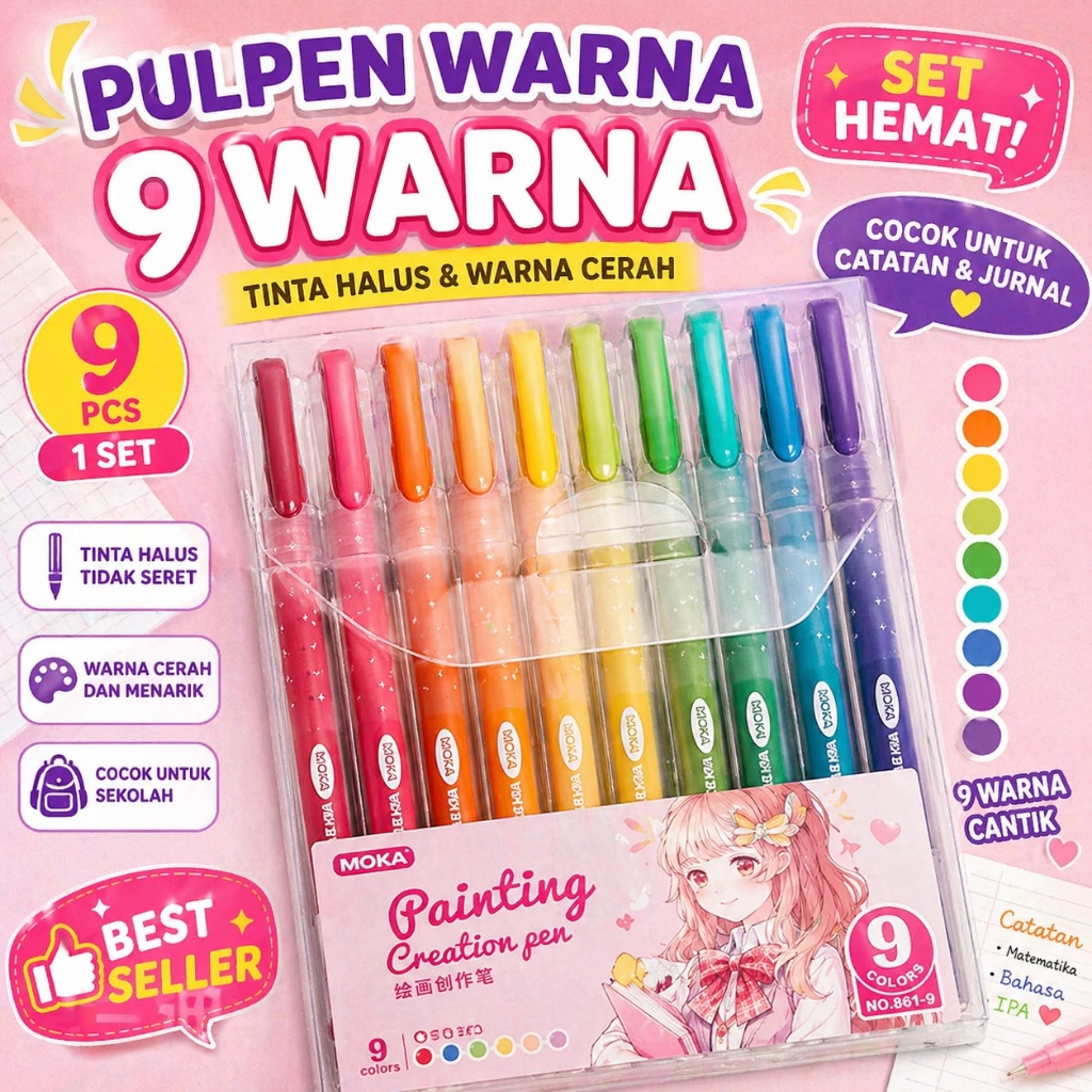 Pulpen Warna 9pcs Set | Pulpen Gel Warna-warni untuk Catatan & Jurnal | Pensil Warna Aesthetic Murah