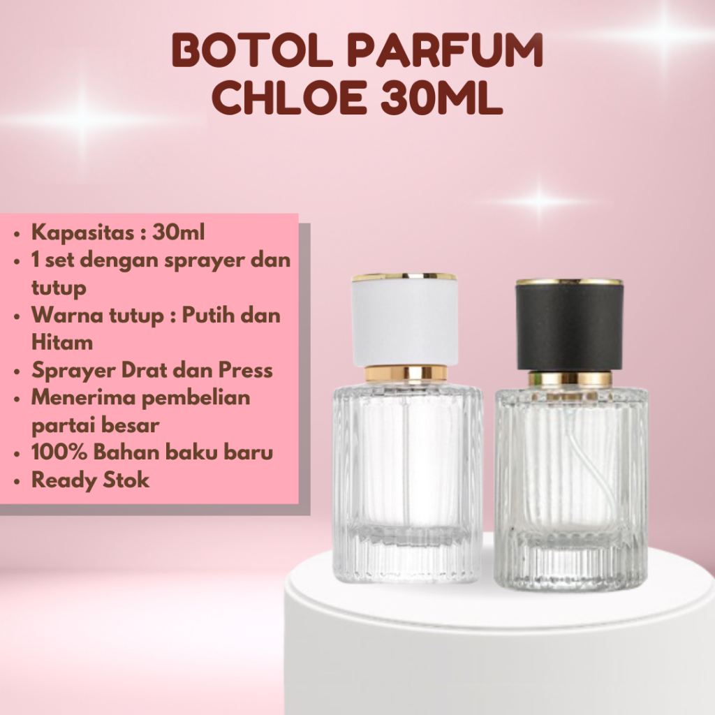 BOTOL PARFUM CHLOE PRESS 30ML/BOTOL PARFUM KOSONG 30ML TUTUP HITAM DAN PUTIH
