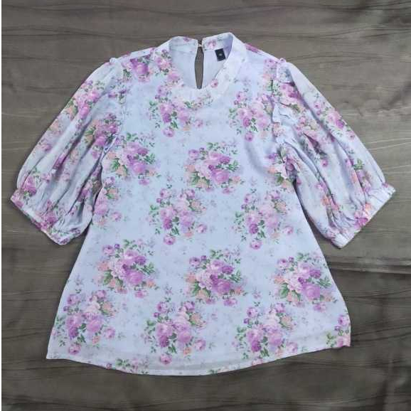 [Alien'sgecko] Blus wanita Bunga bunga Blouse wanita lengan balon blouse biru muda