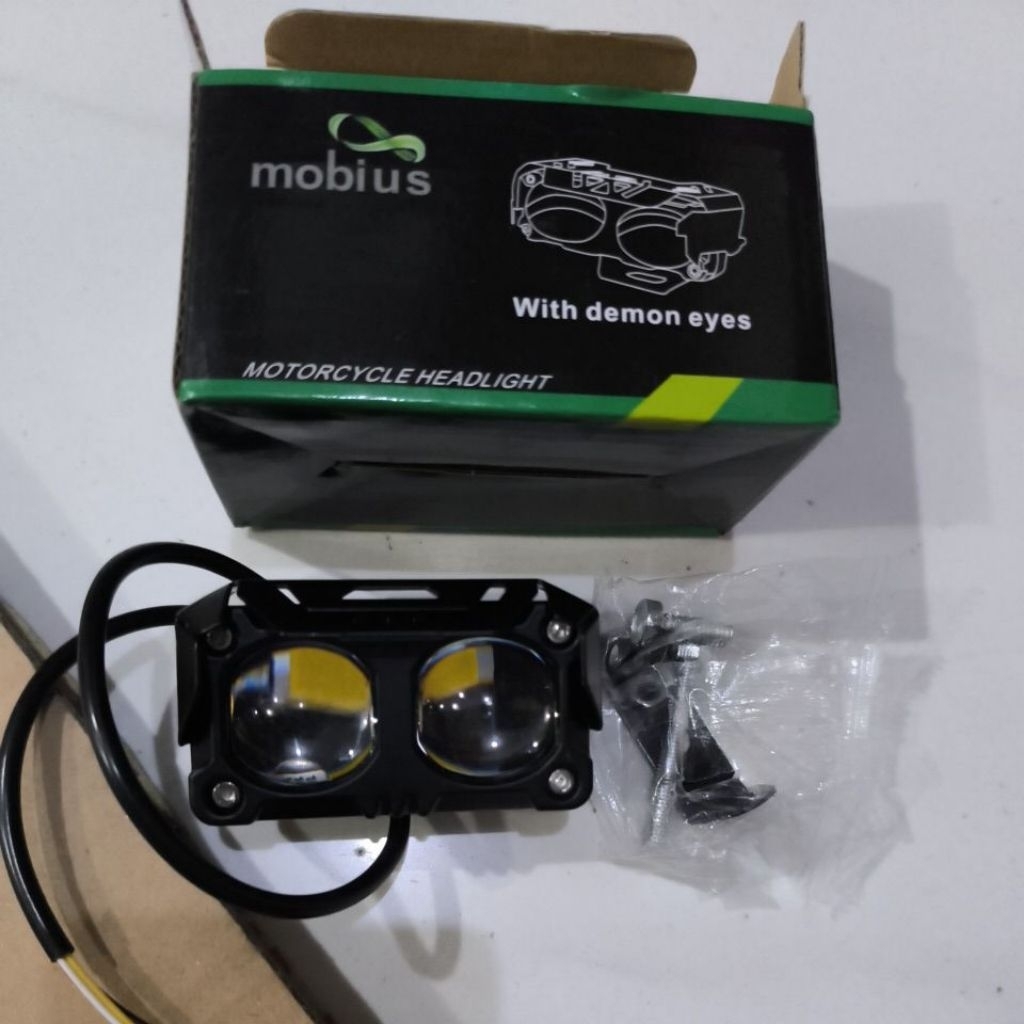 lampu sorot led 2 mata + demon eyes putih kuning acdc mobius