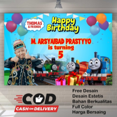 Spanduk Banner Ulang Tahun Anak Thomas & Friends | Custom Nama dan Foto | Bisa COD Tanpa Tiang